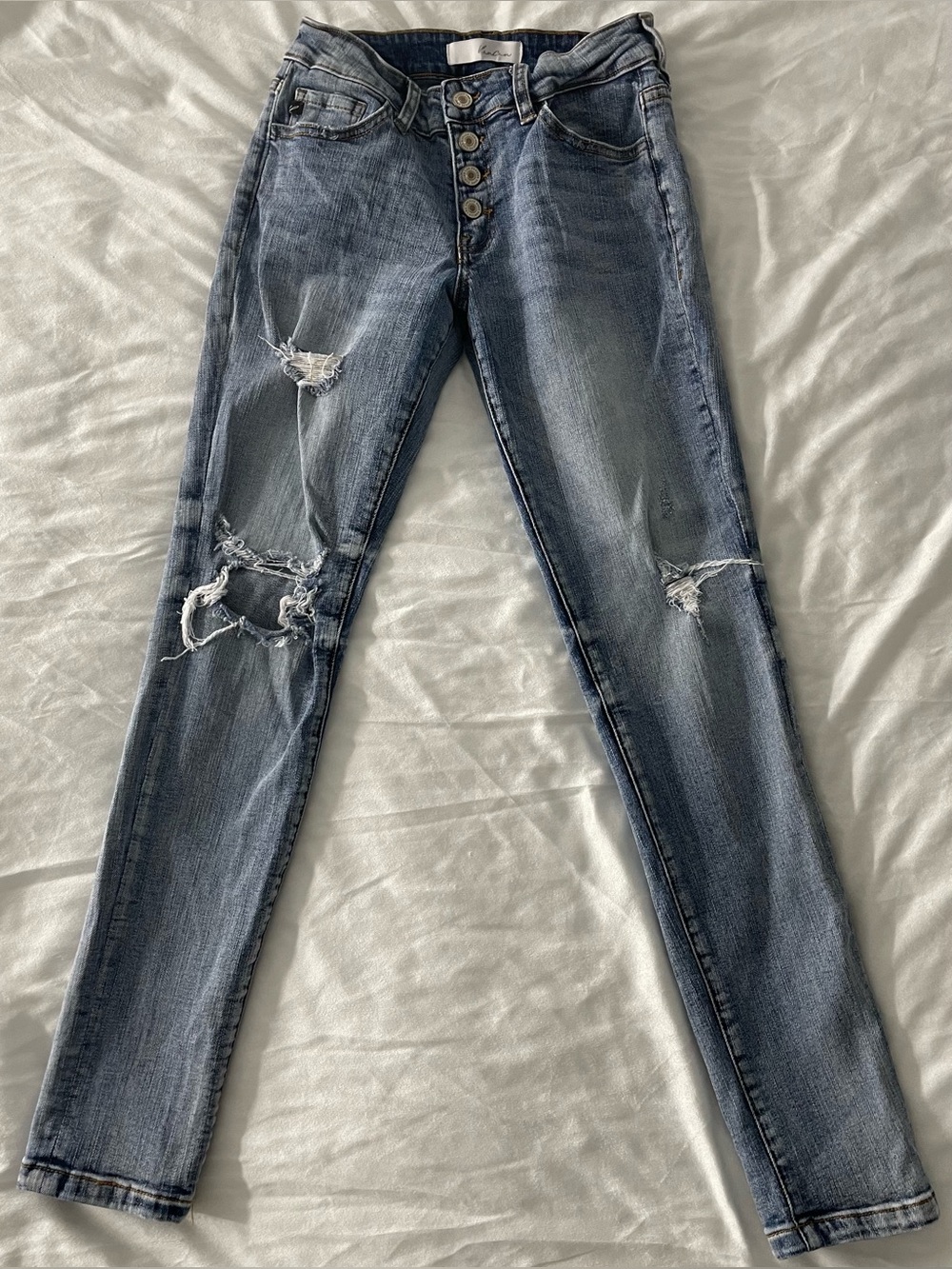 KanCan Skinny Distressed Button-Fly Jeans - Blue